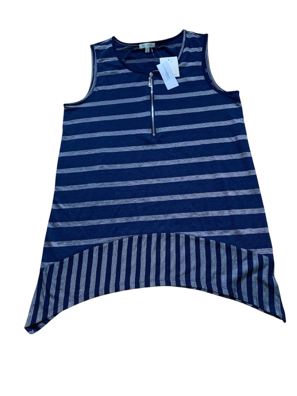 Striped Navy & Gray Sleeveless Zip-Front Blouse -